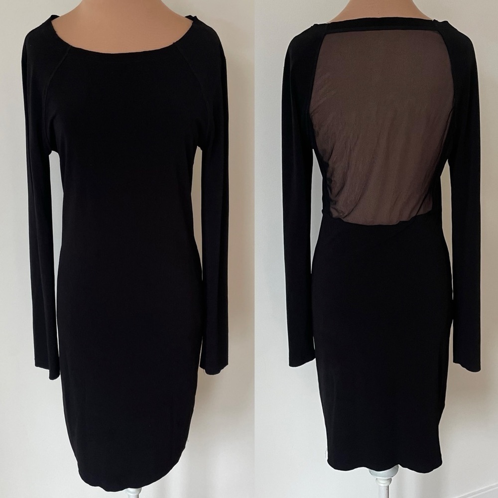 Alice + Olivia SCOOP Black Long Sleeve Raw Hem Mesh Back Dress EUC Size Medium